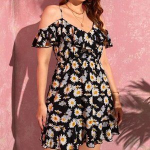 SHEIN Plus Cold Shoulder Ruffle Trim Daisy Floral Dress